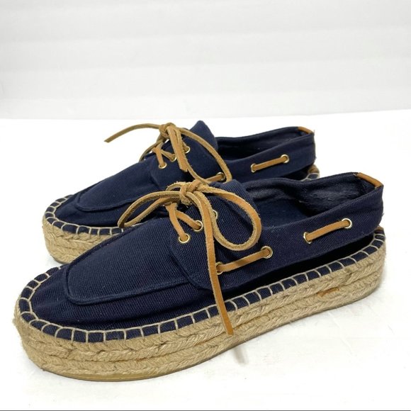 Tory Burch Blanton Espadrille Platform Flatform Slip On Canvas Boat Shoes